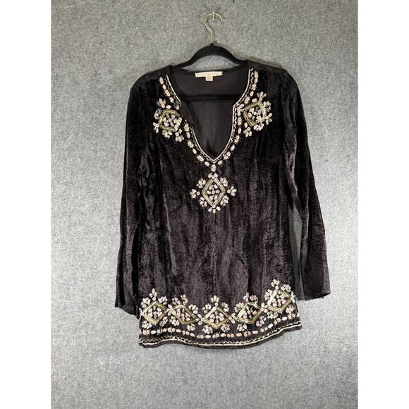 Boston Proper Top Women Small Black V Neck Velvet Jeweled Long Sleeve Maximalist - Picture 1 of 7